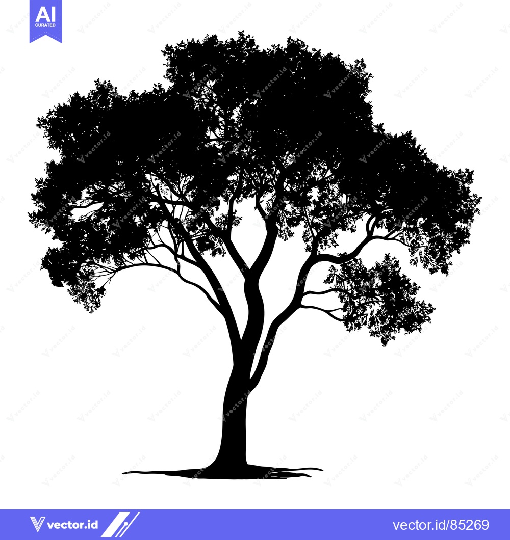 Premium Vector of Black and White Silhouette of a Single Tree with Thick Trunk and Lush