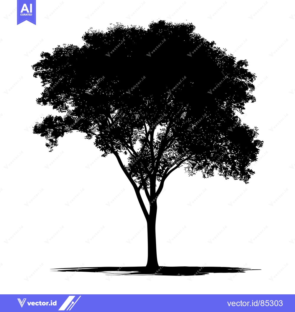Premium Vector dari Silhouette of a large, leafy deciduous tree with a thick trunk and wid