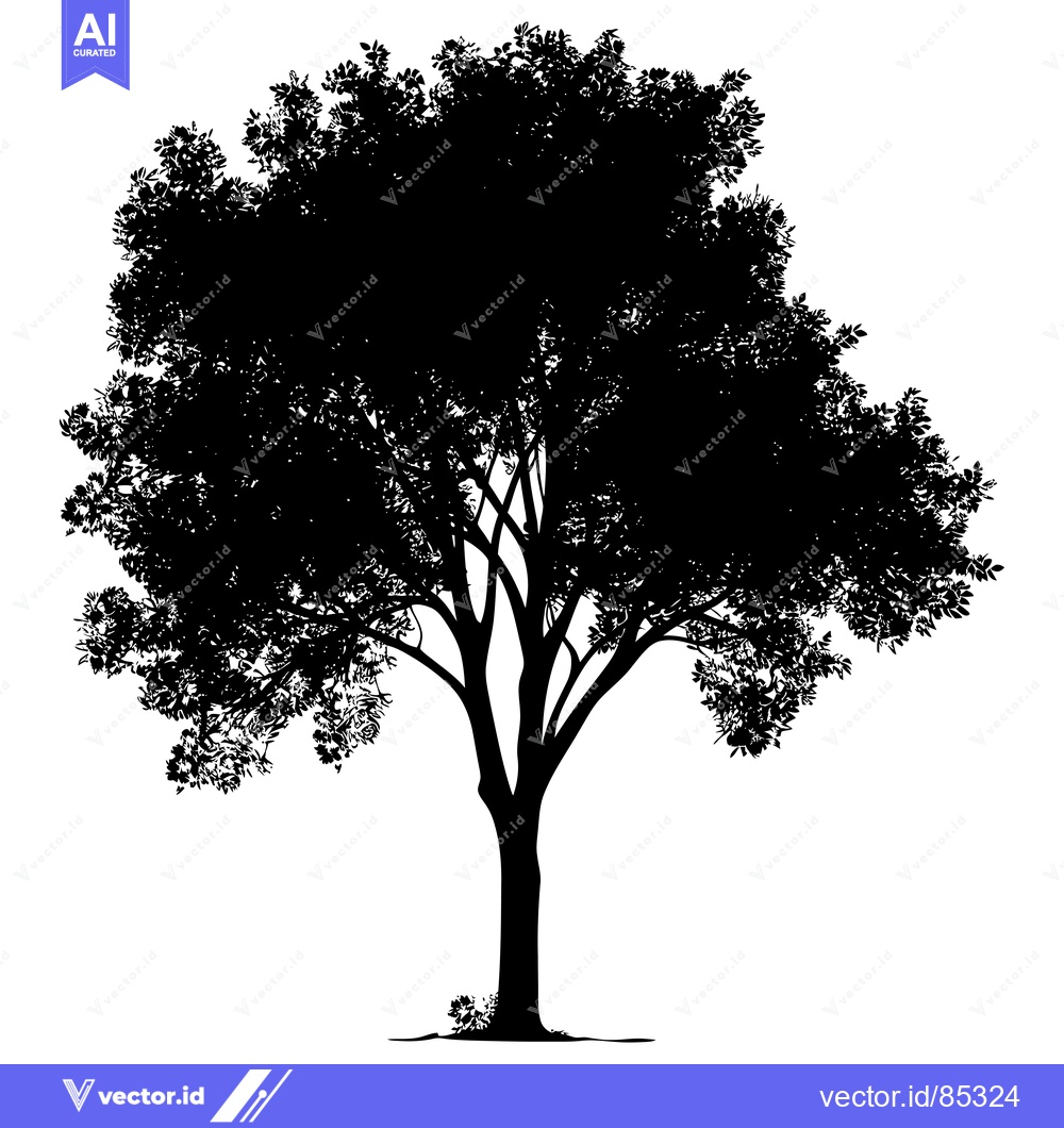 Premium Vector of Silhouette of a large, leafy tree with a thick trunk