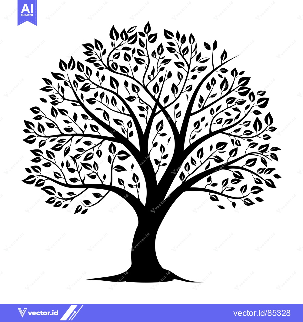 Premium Vector dari Black and White Silhouette of a Tree with Detailed Branches and Leaves