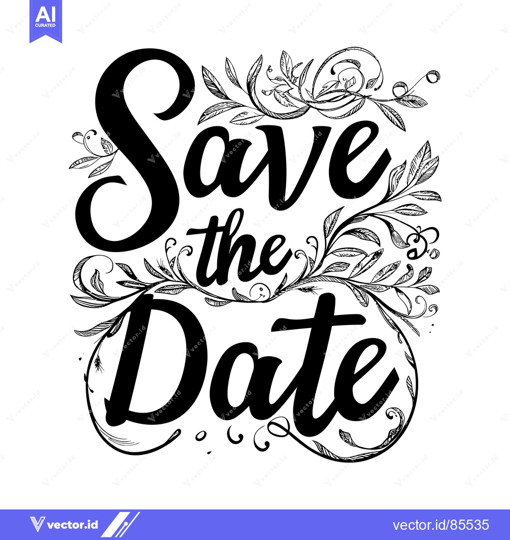 Premium Vector dari Black and white handwritten calligraphy "Save the Date" with floral em