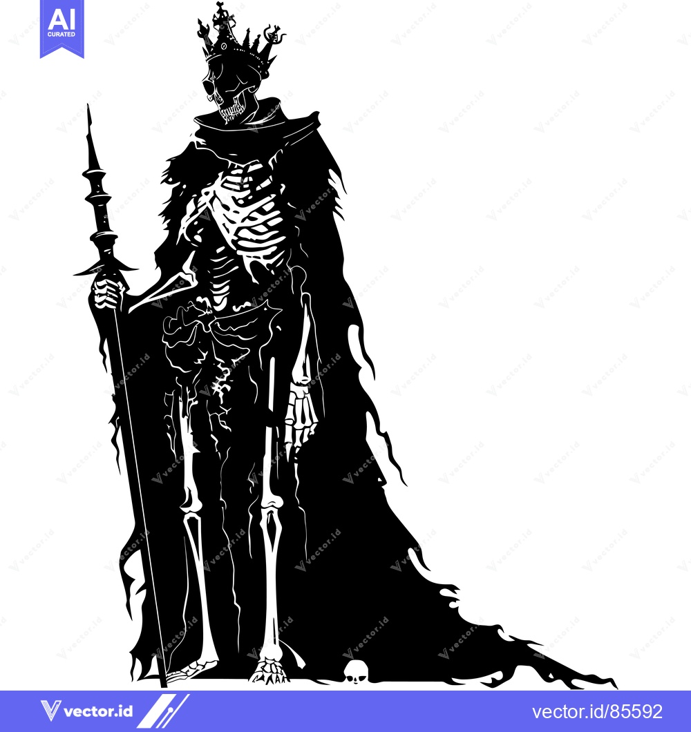 Premium Vector of A Skeleton King in a Crown and Robe Holding a Spiked Staff