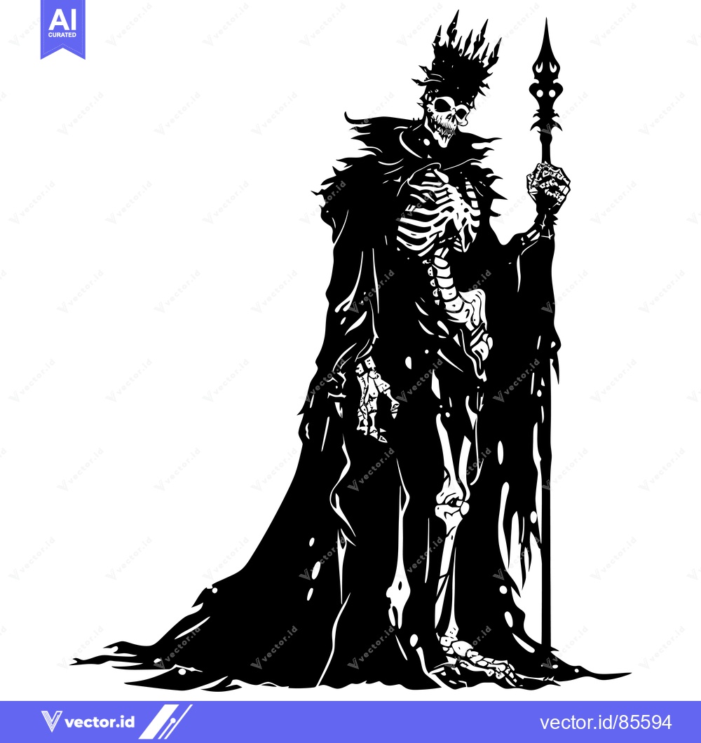 Premium Vector of A skeletal figure in a long robe and a crown, holding a spear.