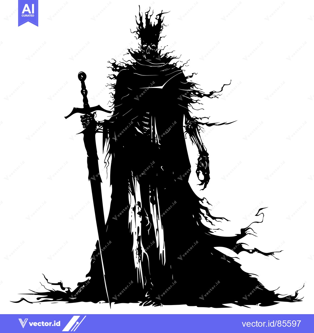 Premium Vector dari Silhouette of a Skeletal Figure Wearing a Crown and Holding a Sword