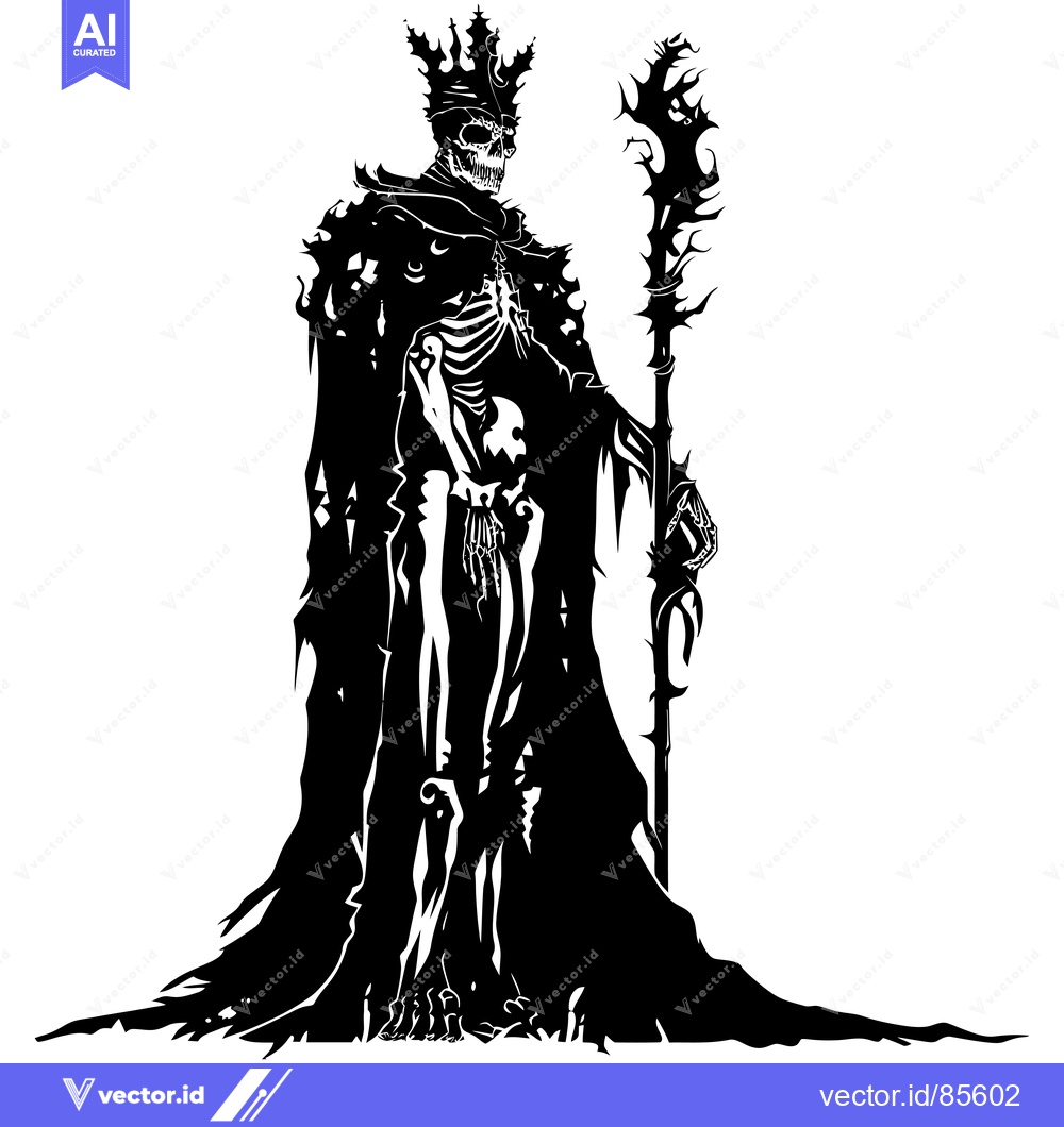 Premium Vector dari A skeletal figure wearing a crown and robe, holding a staff with a tho