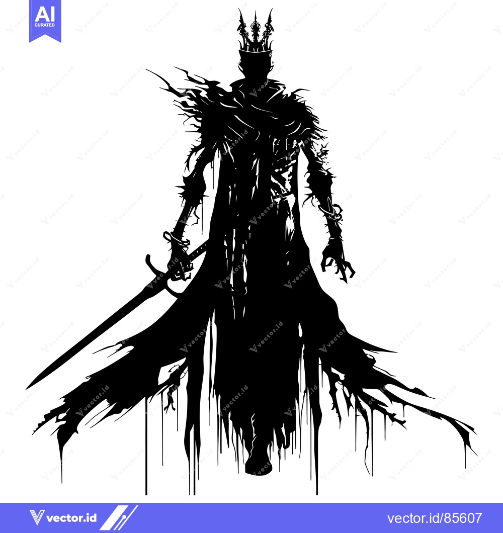 Premium Vector dari Silhouetted Figure in Crown, Holding a Sword, With Dripping Cloak