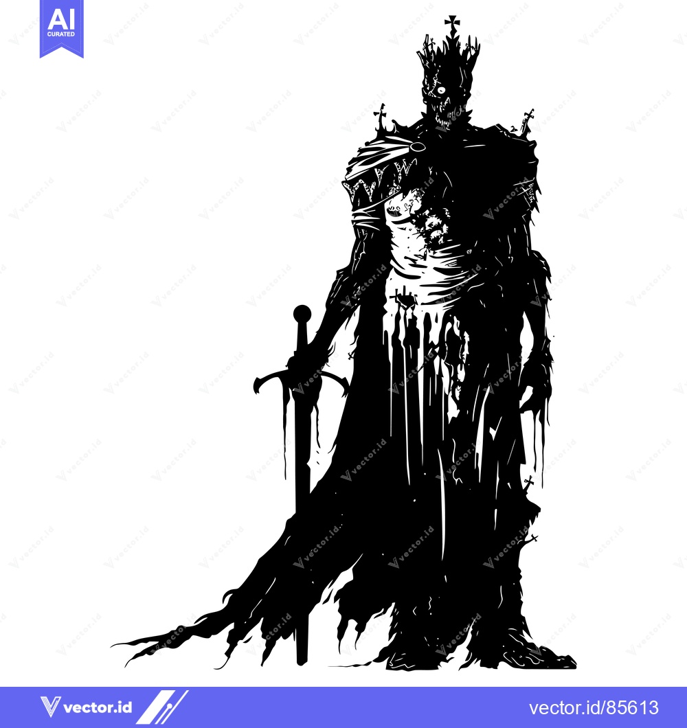 Premium Vector of A Black and White Illustration of a Decaying King with a Sword