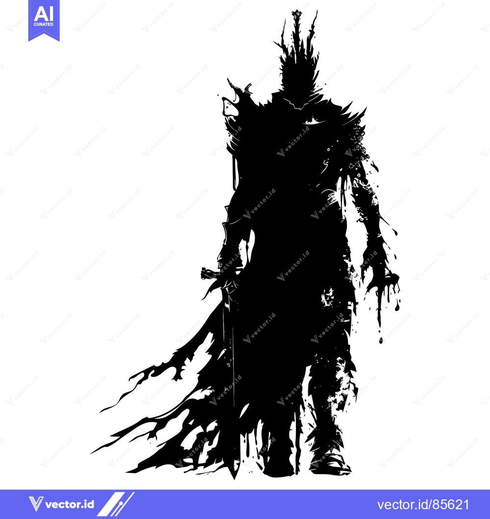 Premium Vector dari Silhouette of a Dark Knight with a Sword and a Bloodied Cloak