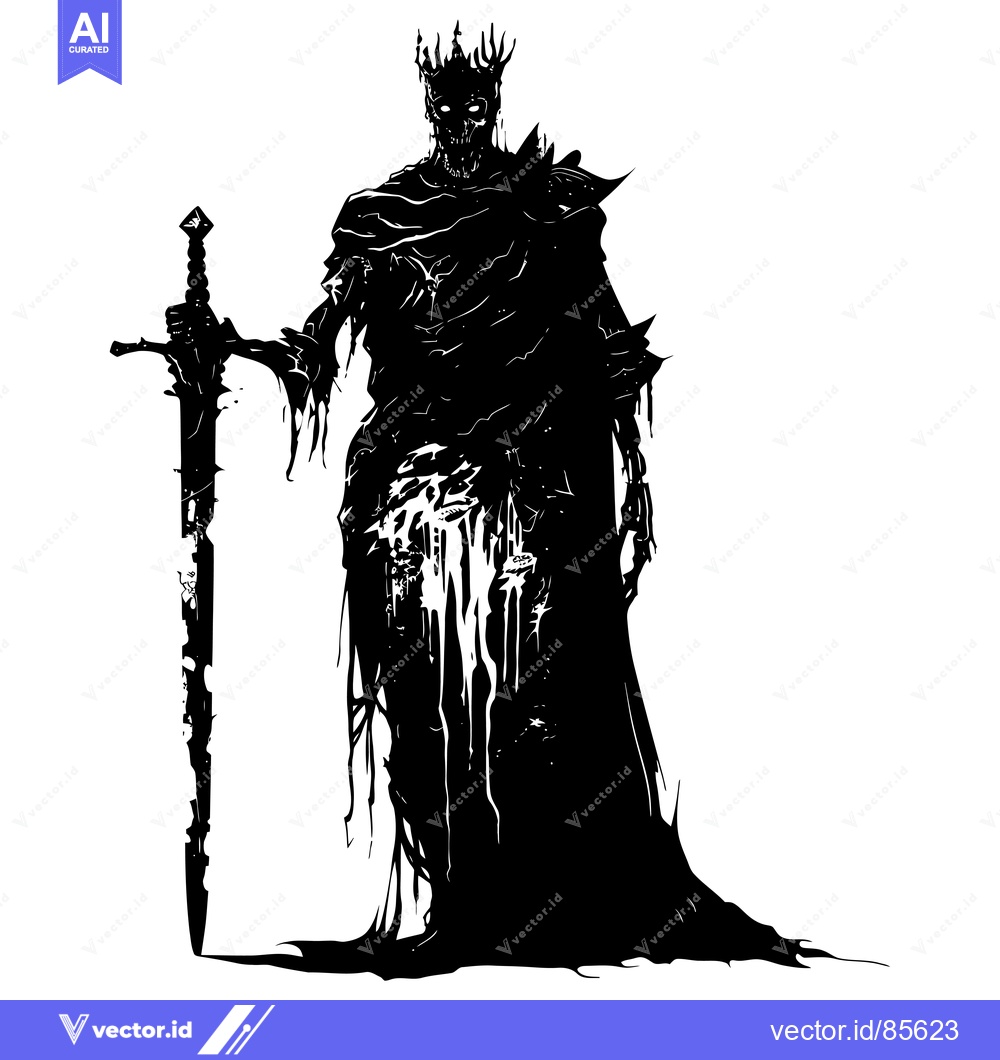 Premium Vector dari Black and White Silhouette of a Crowned Figure Holding a Sword