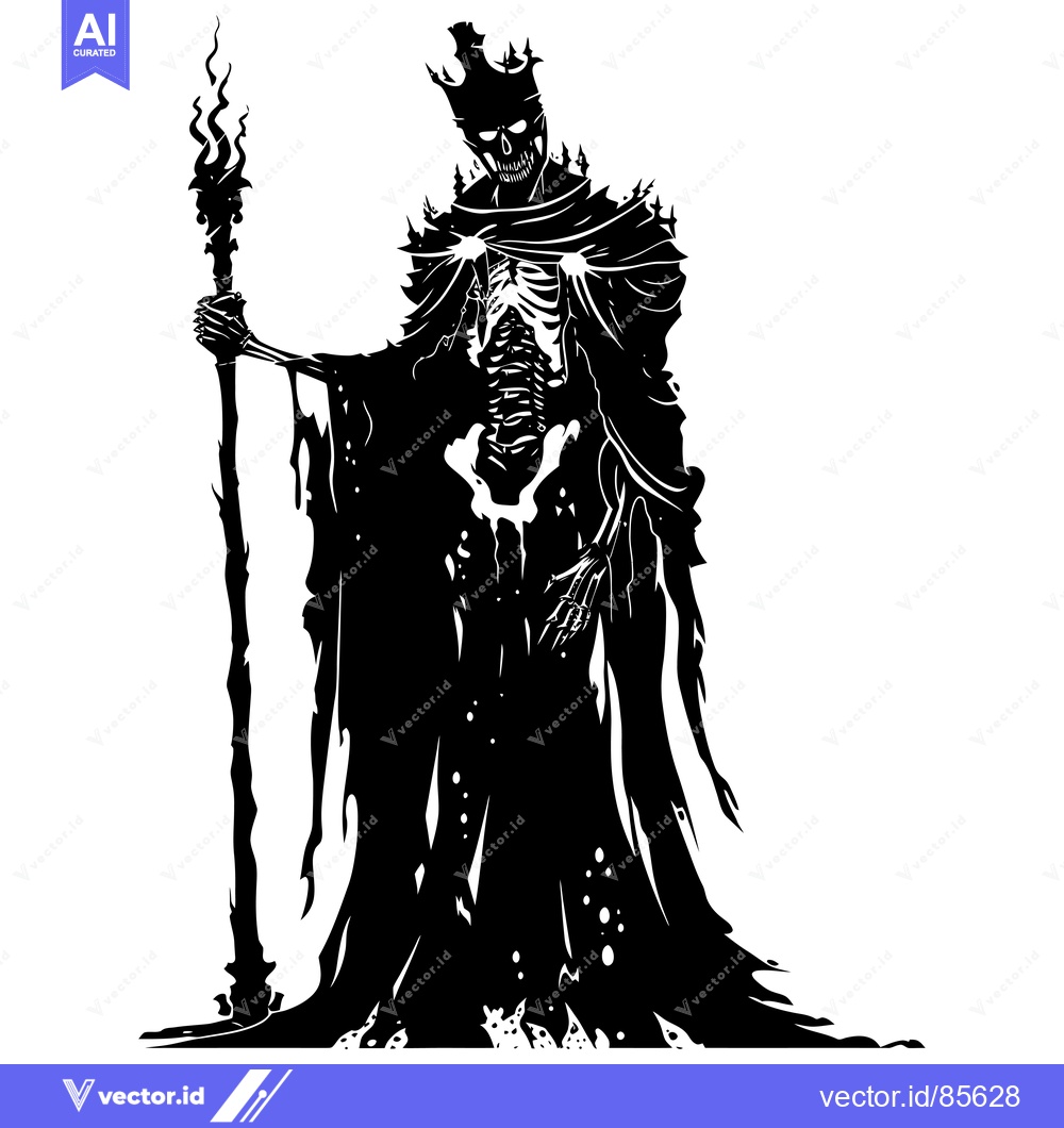 Premium Vector dari A skeletal figure wearing a crown and robe, holding a staff