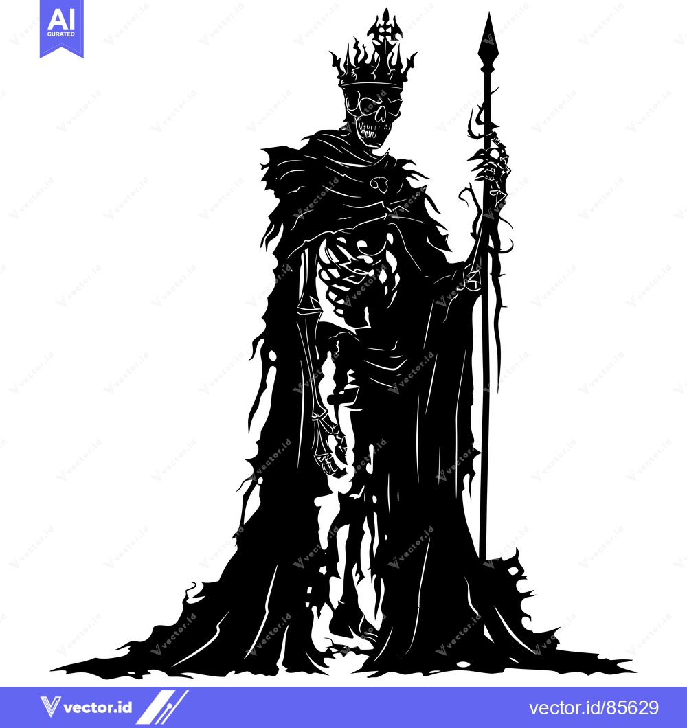 Premium Vector dari A Skeletal King in a Torn Robe Holds a Spear