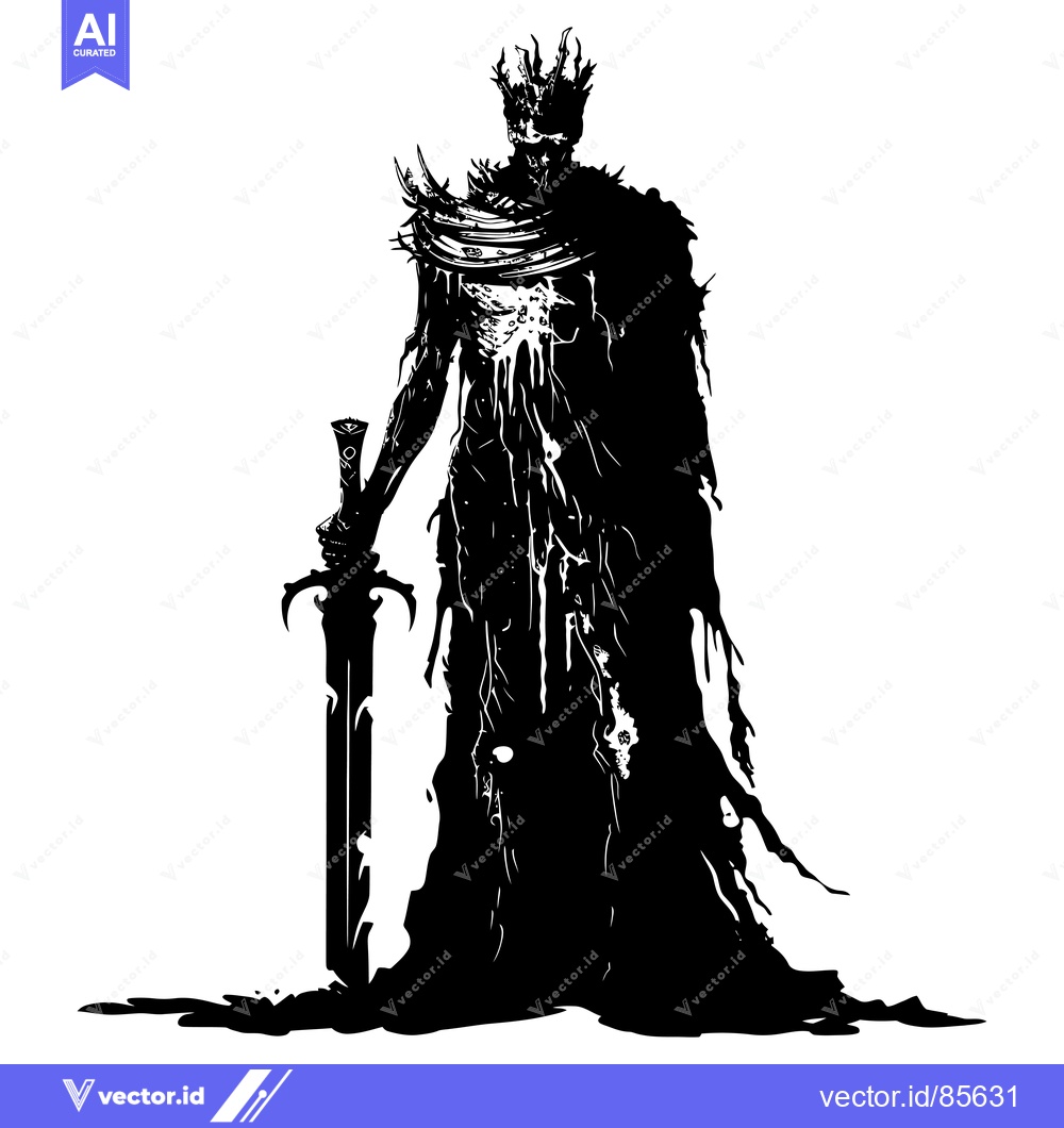 Premium Vector dari A decaying, crowned figure with a sword, standing in a puddle of liqui
