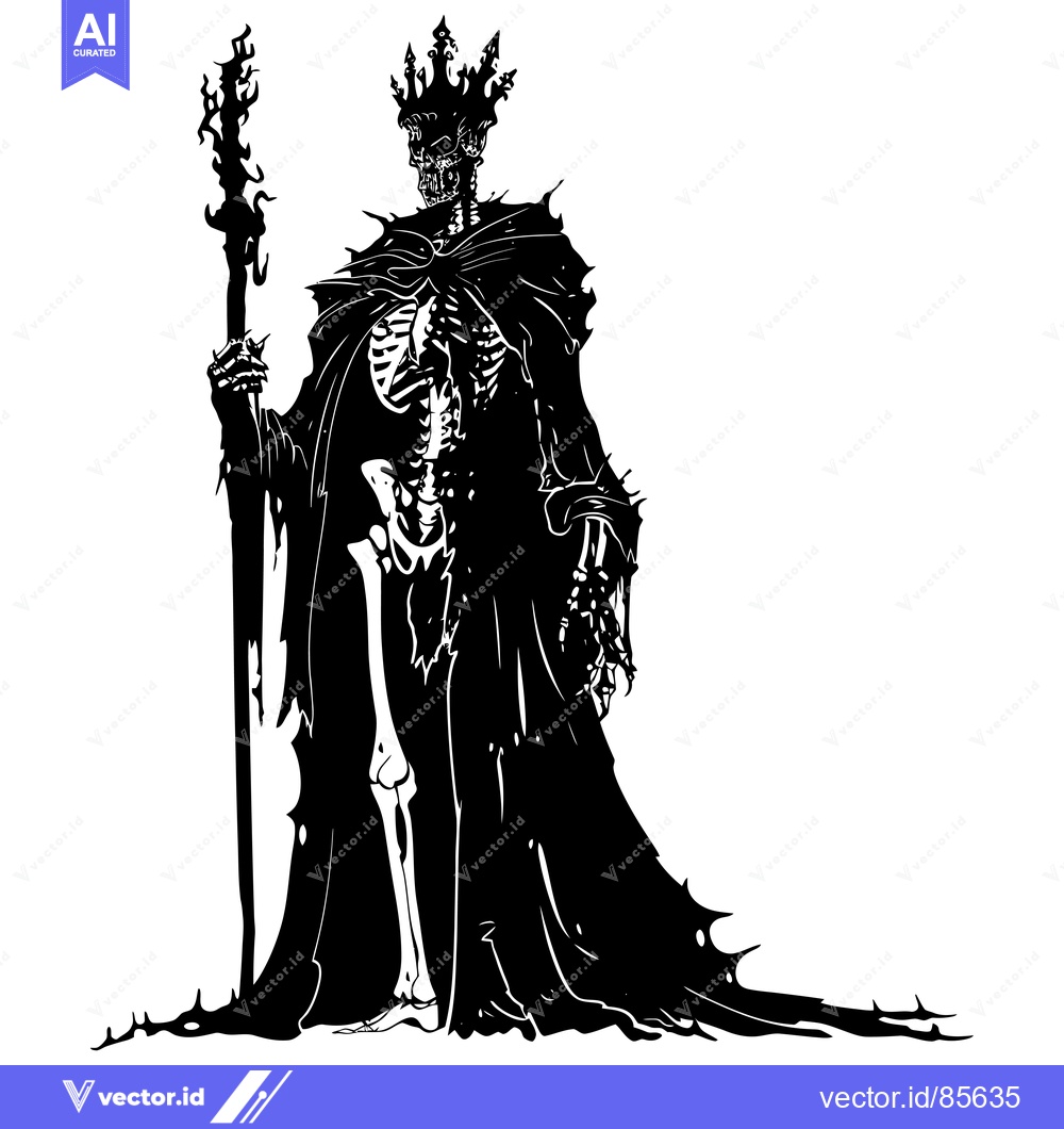 Premium Vector of Skeletal Figure in a Crown and Robe Holding a Staff