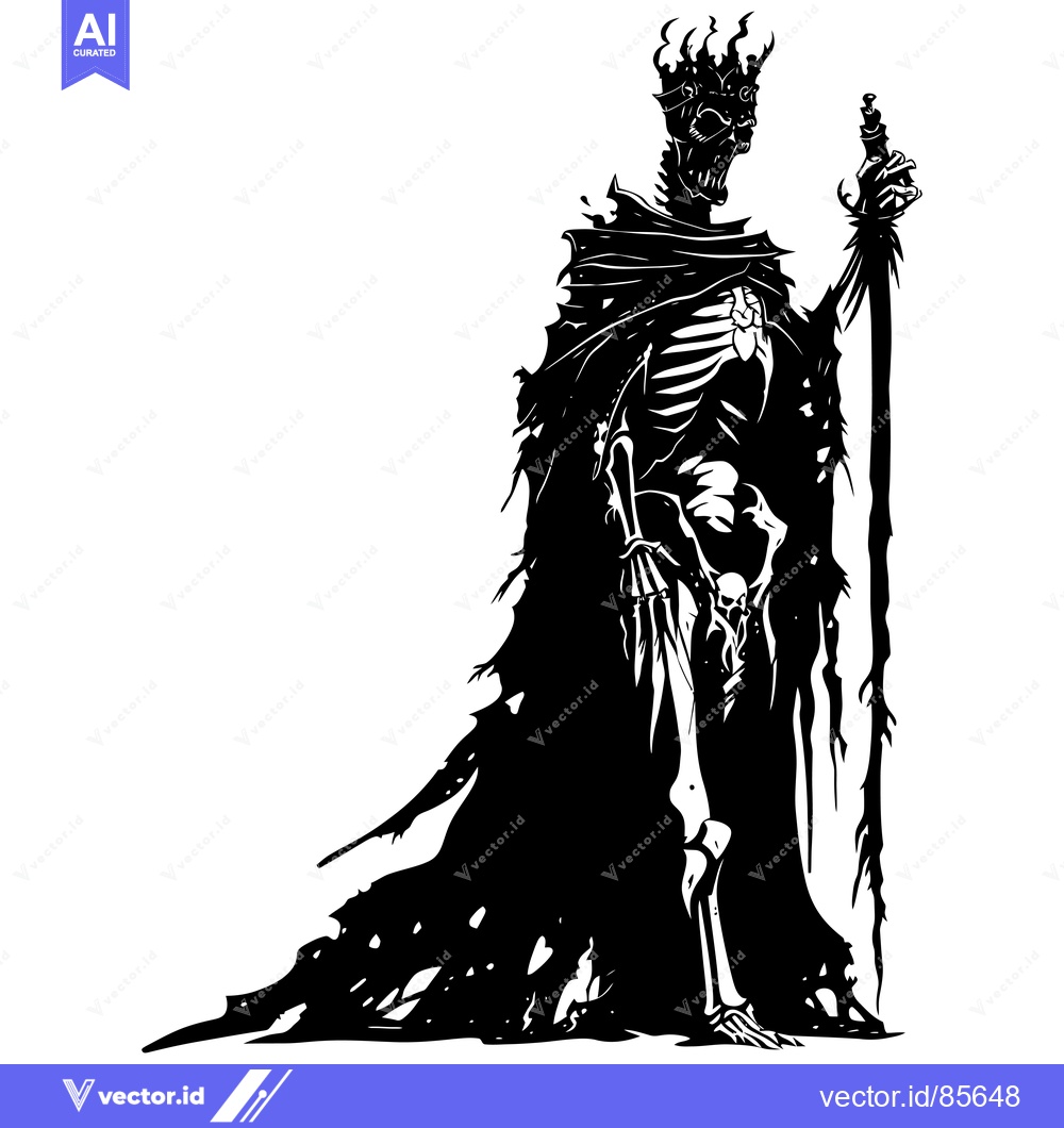 Premium Vector of A Skeleton King Holding a Sword in a Ripped Robe
