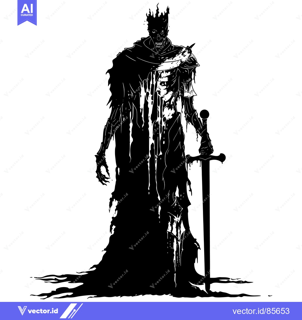 Premium Vector of A Black and White Illustration of a Decaying King Holding a Sword