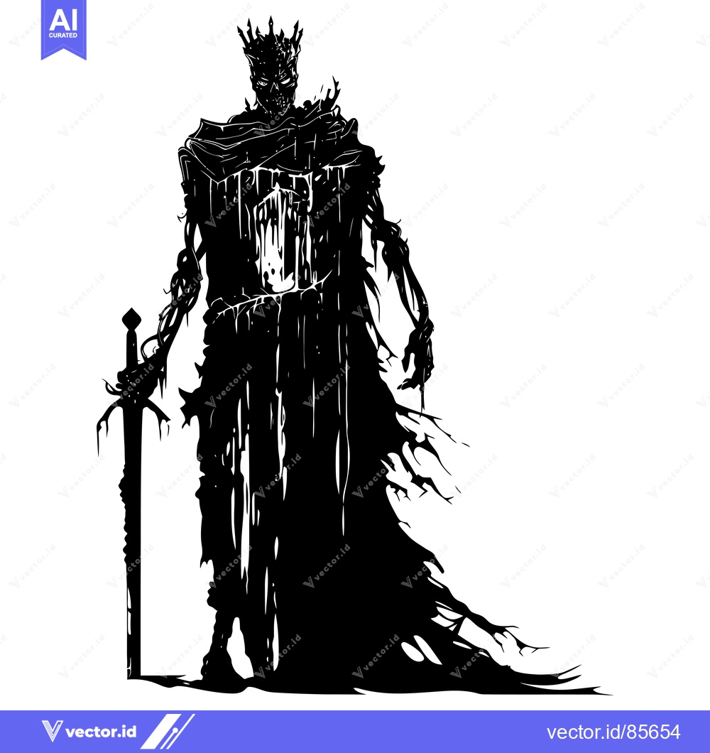 Premium Vector dari Silhouette of a Decaying, Crowned, Skeleton Figure Holding a Sword