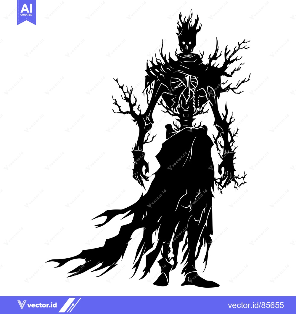 Premium Vector dari Black and White Silhouette of a Gnarled, Branch-Like Figure With a Sku