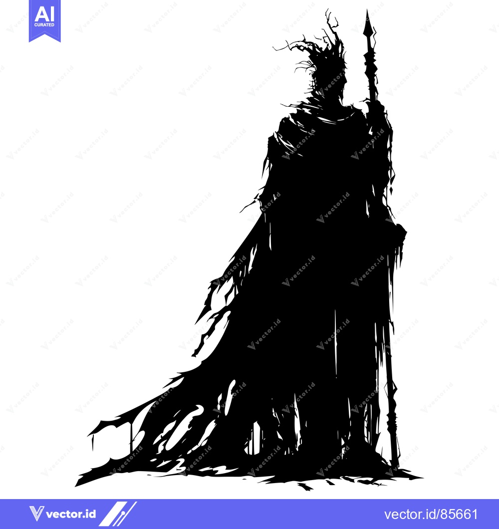 Premium Vector of Silhouette of a Dark Figure in a Long Cloak Holding a Spear