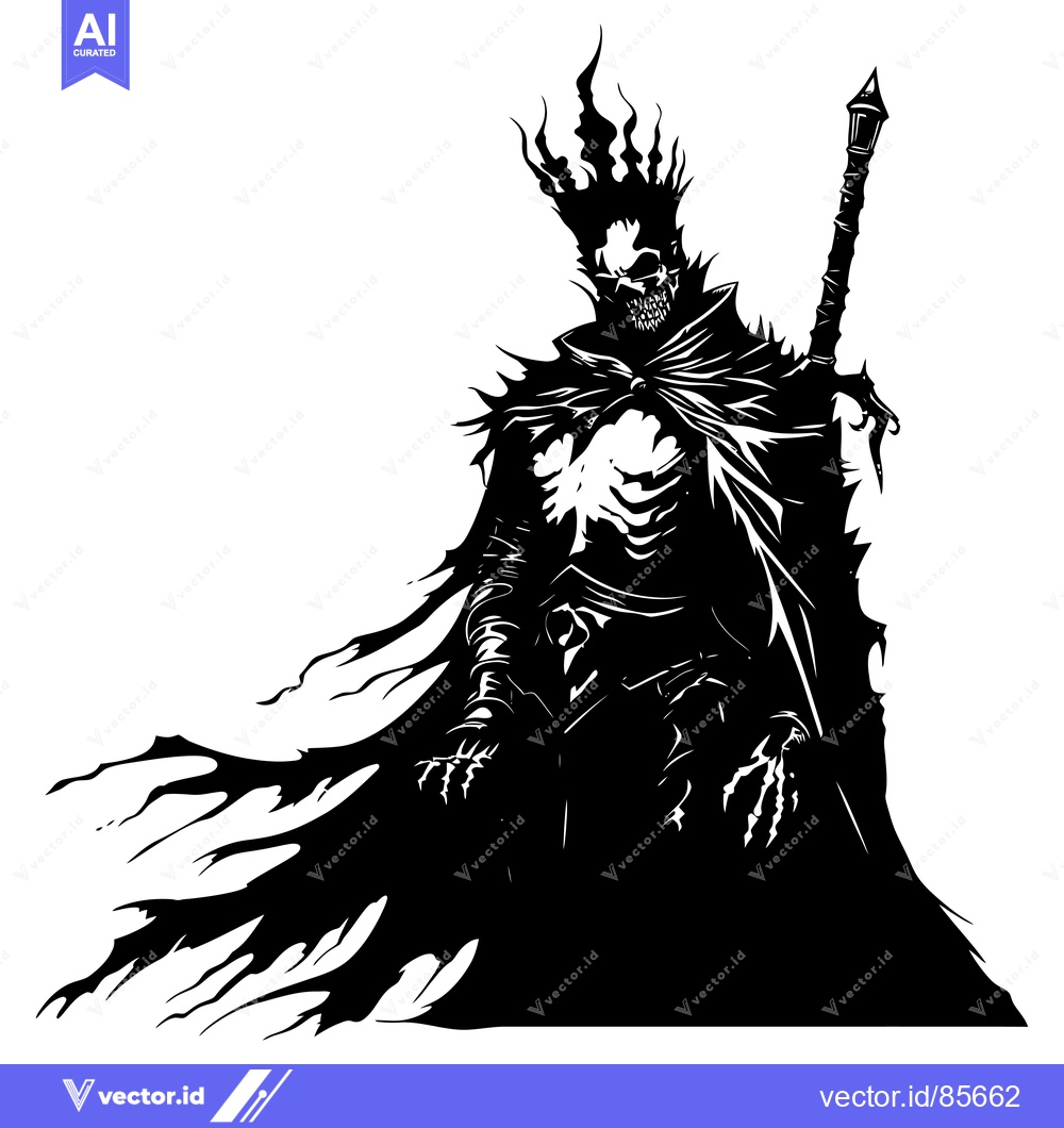 Premium Vector of Silhouette of a Skeletal Figure in a Crown and Cape Holding a Weapon