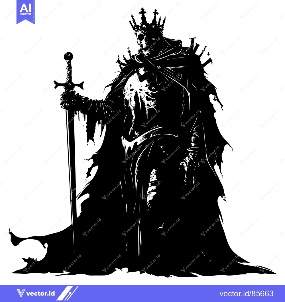 Premium Vector dari A Skeleton King Holding a Sword in a Black Cape