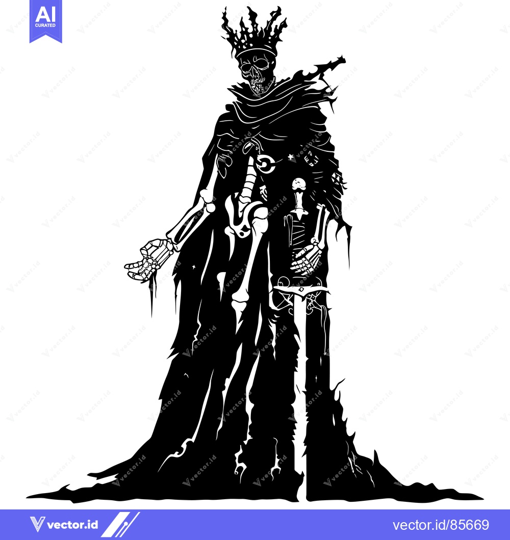 Premium Vector dari Skeletal King in a Torn Robe and Crown Holding a Sword