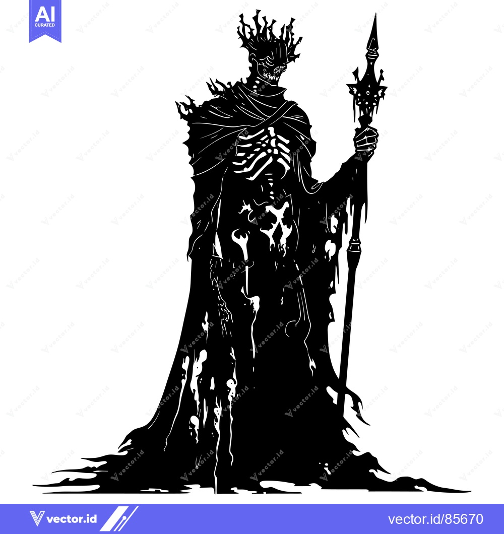Premium Vector dari A skeletal figure in a tattered cloak and crown, holding a spiked staf
