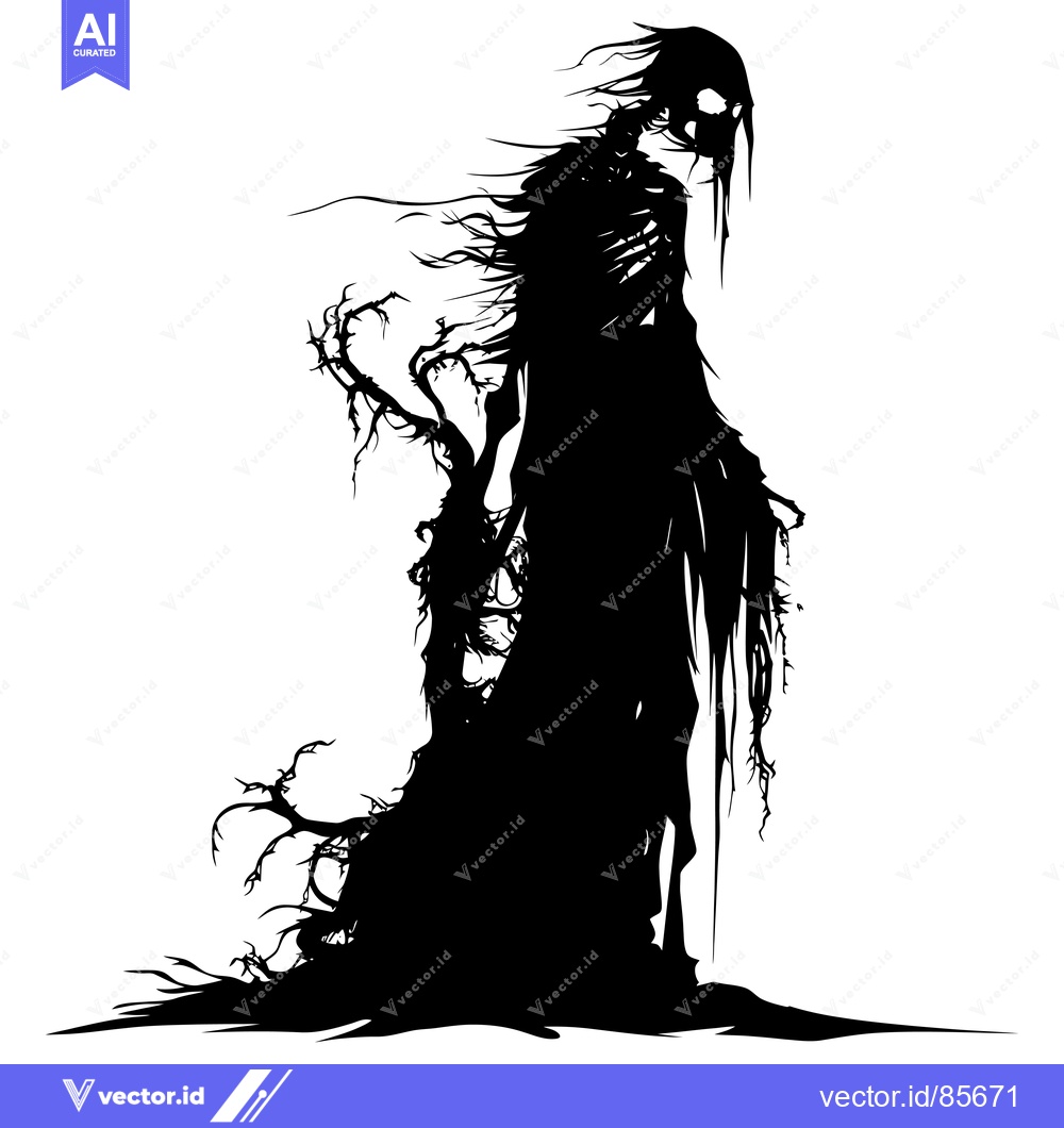 Premium Vector dari Silhouette of a Skeletal Figure with Long, Flowing Hair and Branches