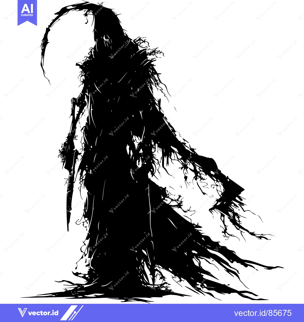 Premium Vector dari Silhouette of a Ghastly Figure with a Curved Limb and a Flowing Robe