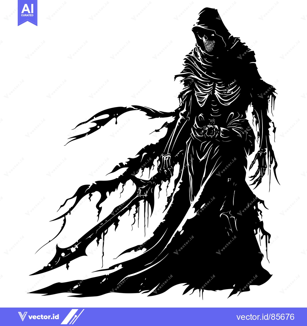 Premium Vector dari Silhouette of a Skeletal Figure in a Hooded Robe Holding a Sword