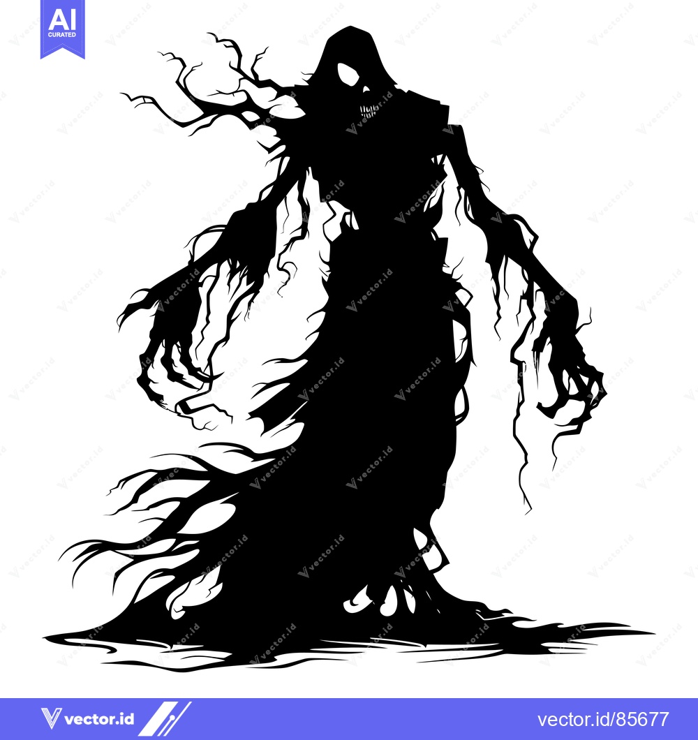 Premium Vector dari Silhouette of a Tall, Twisted, Hooded Figure with Branch-Like Arms