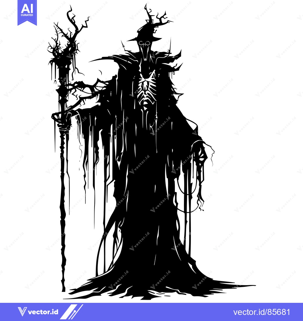 Premium Vector of Silhouette of a Tall, Gnarled Figure with a Staff