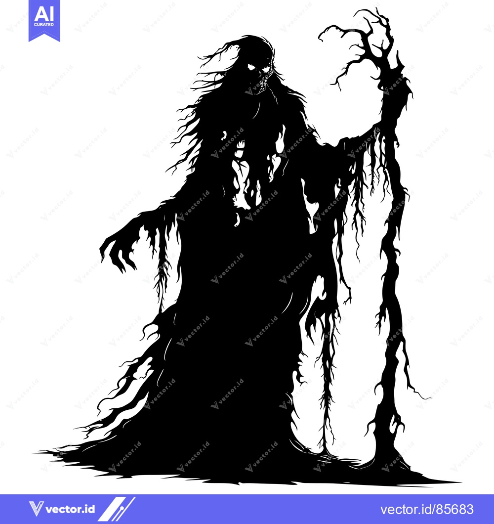 Premium Vector dari A Silhouette of a Ghastly Figure Holding a Twisted Branch