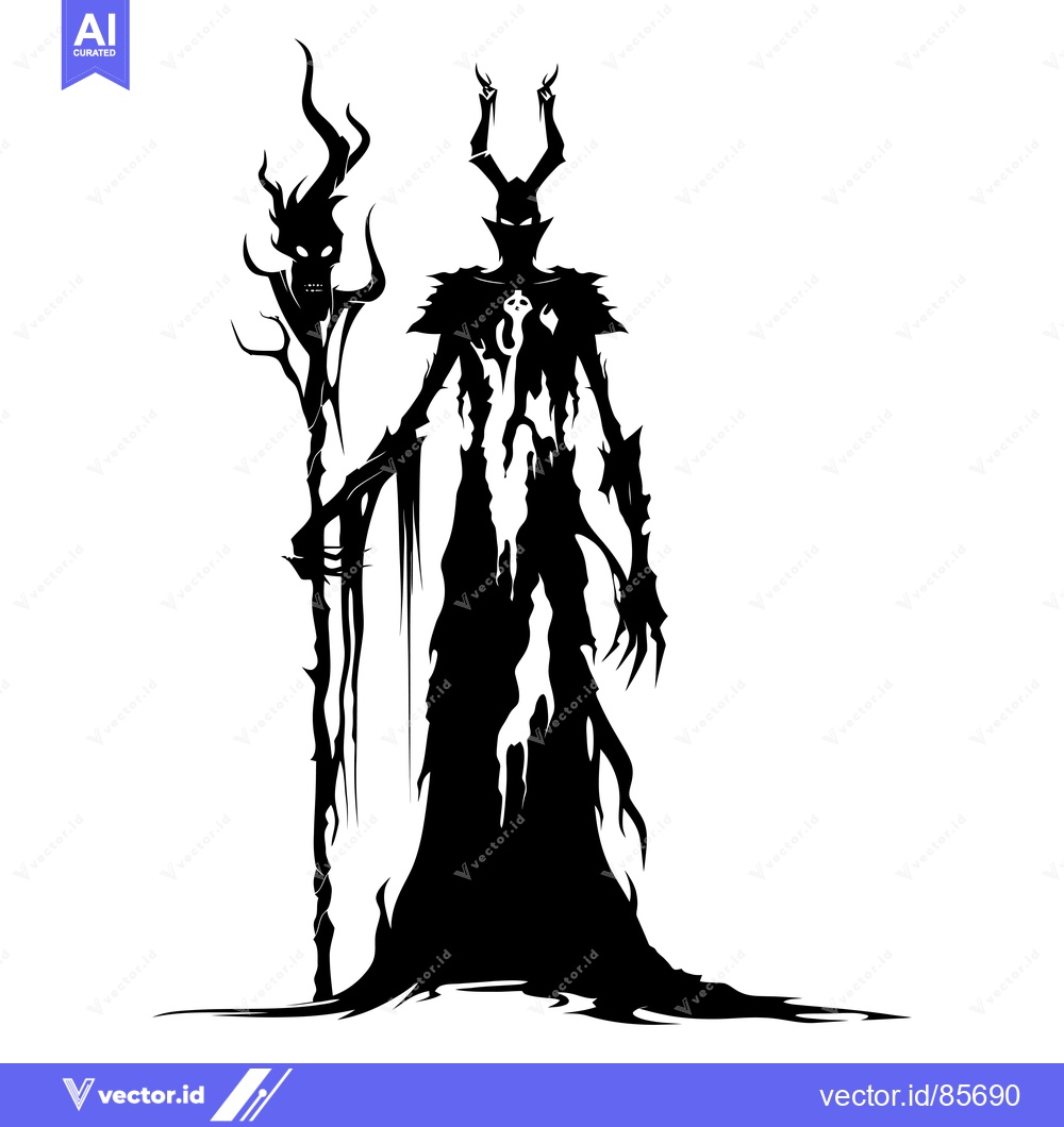 Premium Vector of A Silhouetted Demon Figure Holding A Skull-Topped Staff