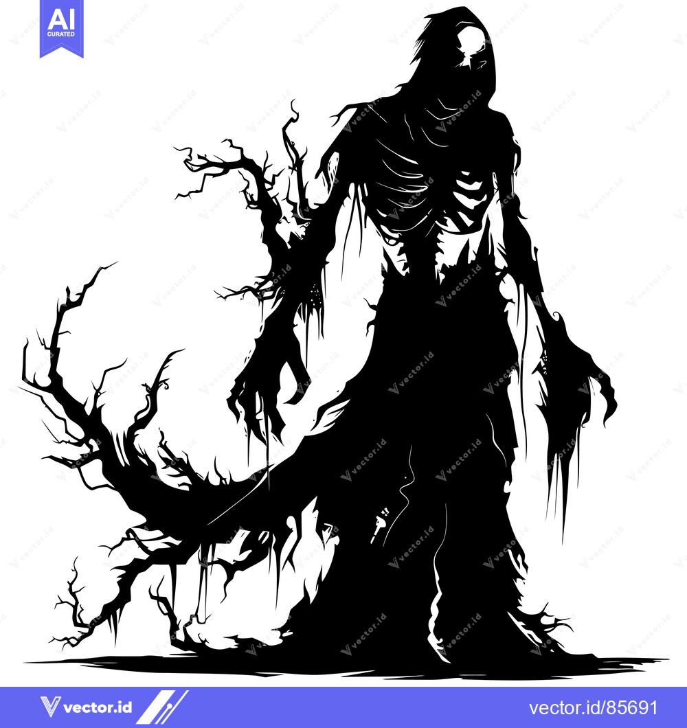 Premium Vector of Silhouette of a Hooded Figure Emerging from a Twisted Tree