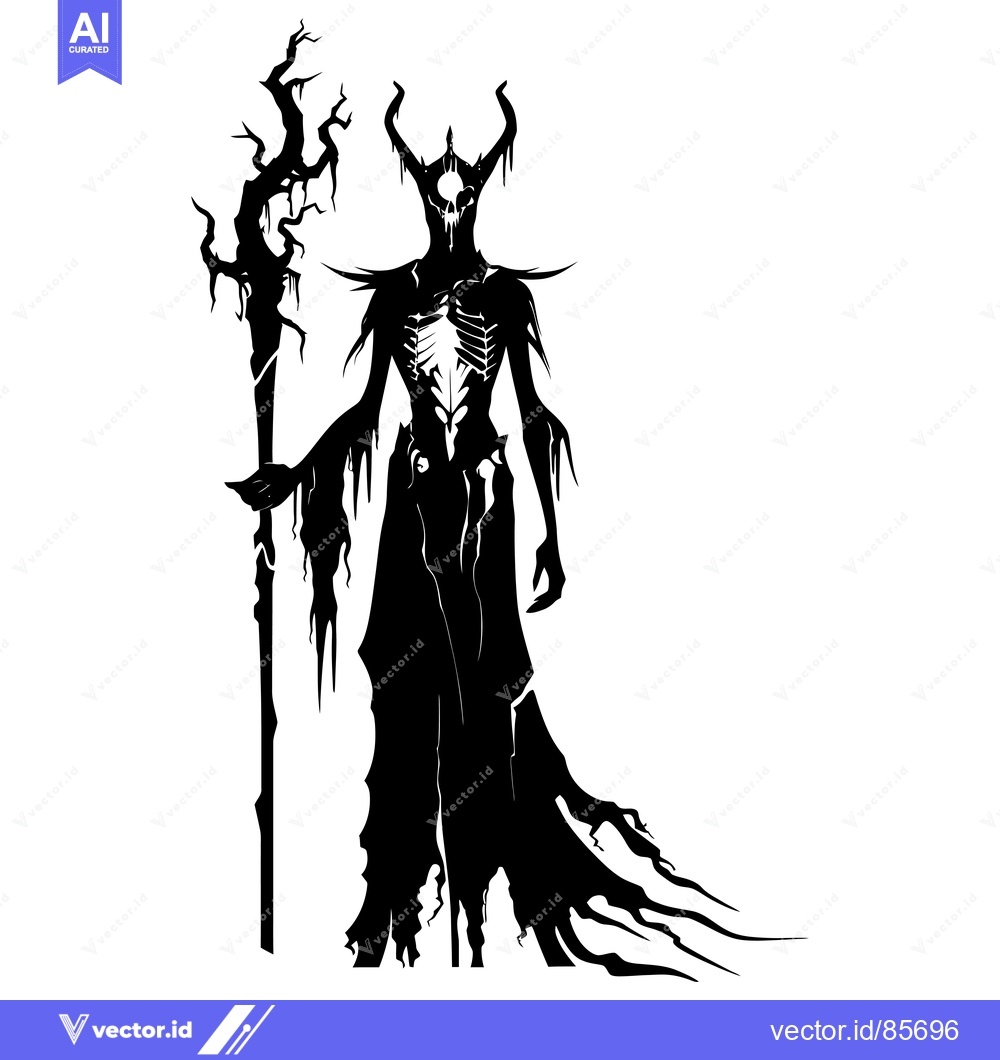 Premium Vector dari Silhouette of a skeletal demon with horns and a staff