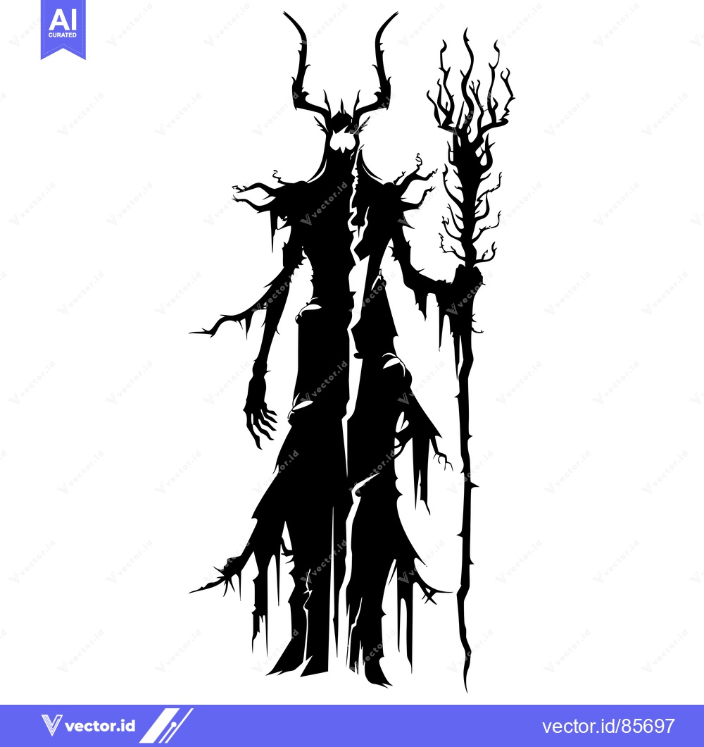 Premium Vector dari A Silhouetted Figure with Antlers and a Twisted Branch Staff
