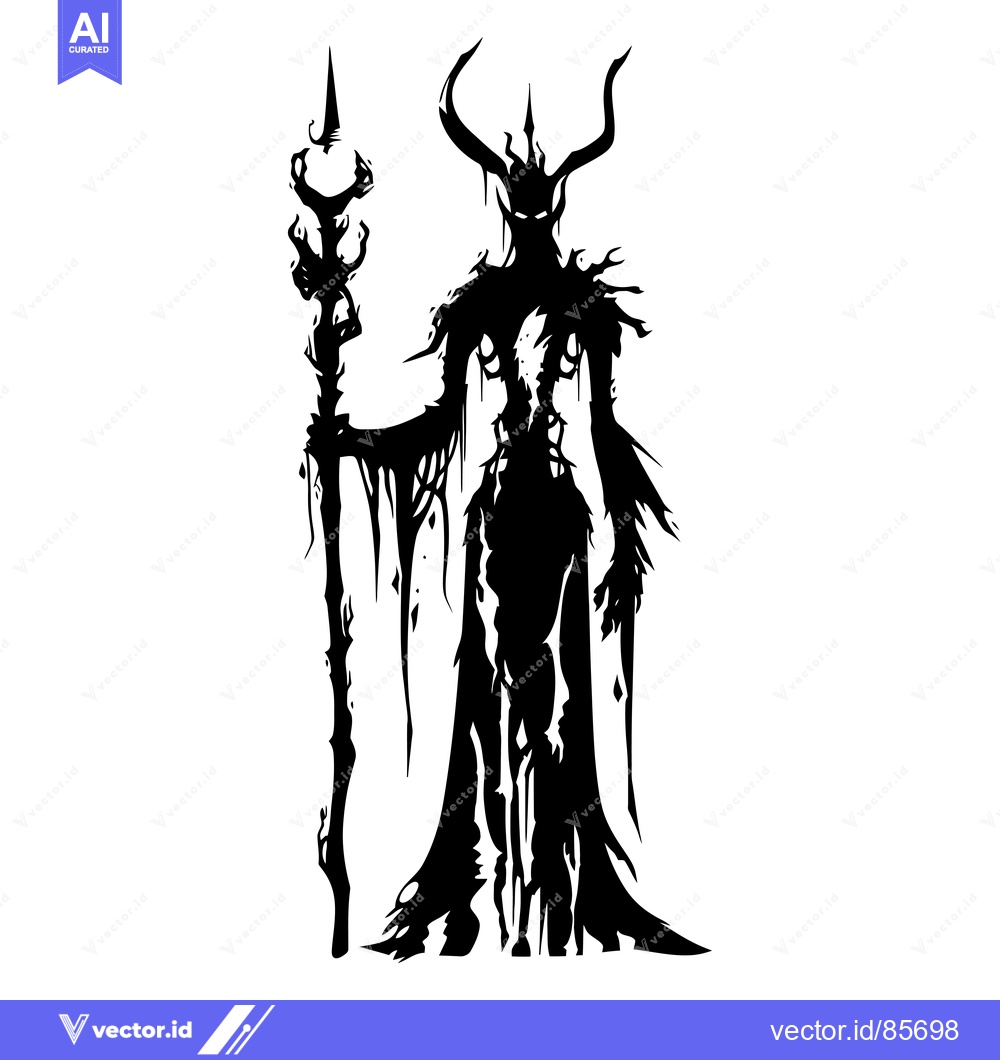 Premium Vector dari Black and White Silhouette of a Demon Woman with Horns Holding a Staff