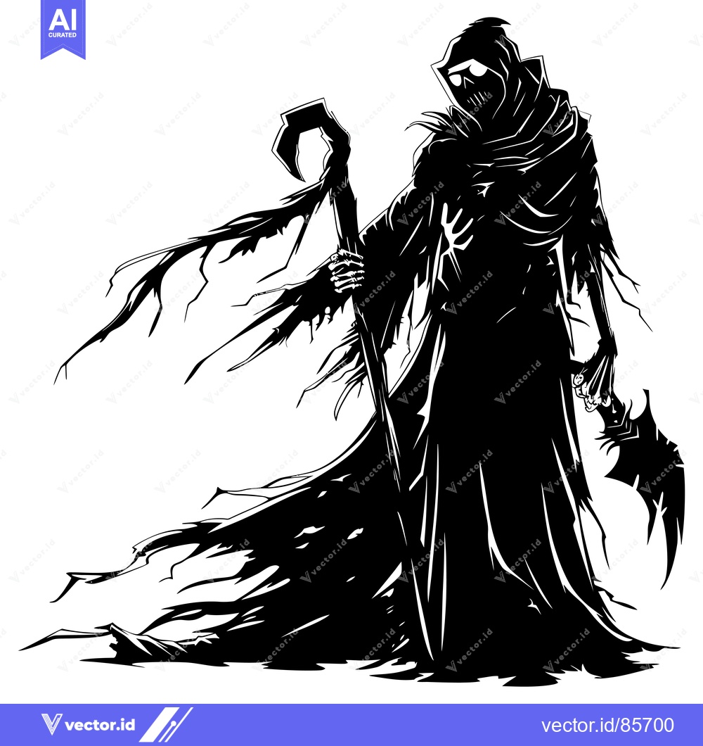 Premium Vector of A Silhouette of a Grim Reaper Holding a Scythe and a Staff