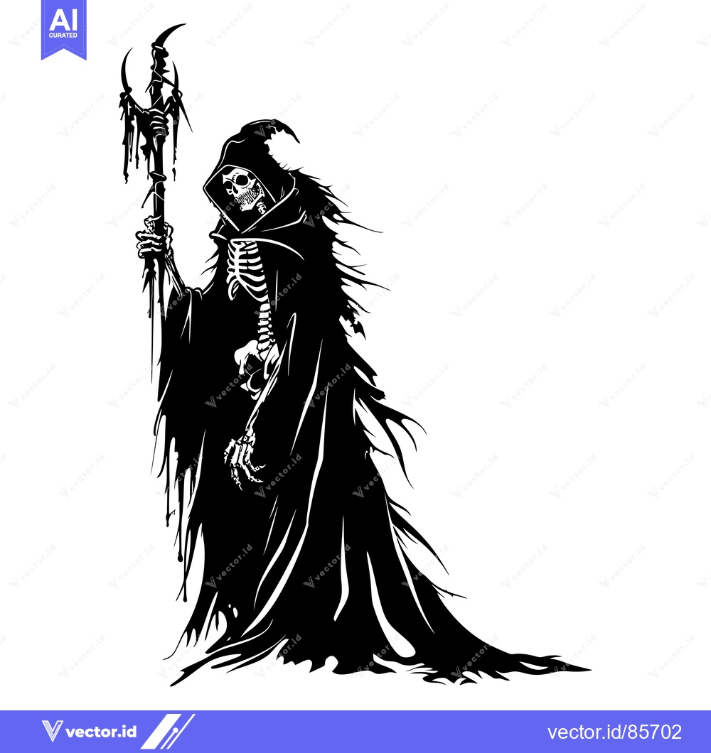 Premium Vector dari Grim Reaper Skeleton in Black Robe Holding a Staff