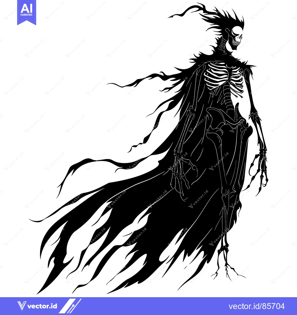Premium Vector dari Black and White Silhouette of a Skeletal Figure with a Flowing Cloak