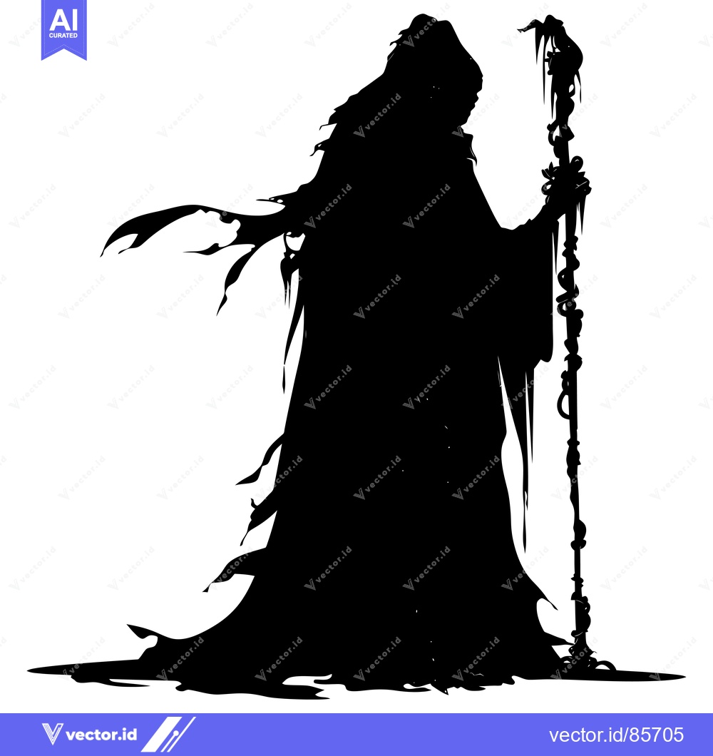 Premium Vector of Silhouette of a cloaked figure holding a staff with a snake wrapped ar