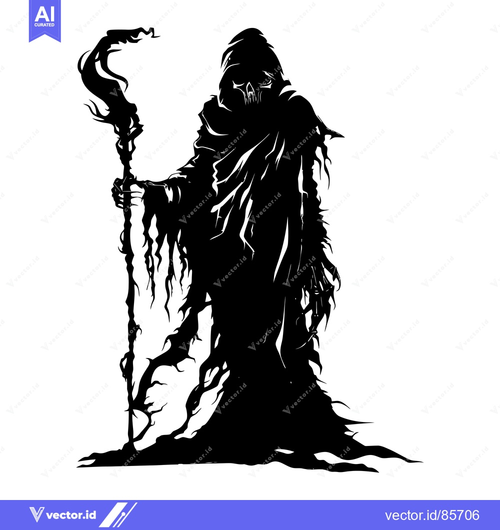 Premium Vector of Silhouette of a hooded figure holding a staff with a skull-like face