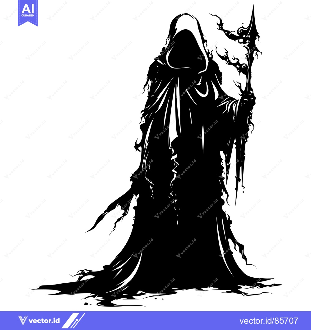 Premium Vector dari Silhouette of a Hooded Figure Holding a Staff with Ornamental Design