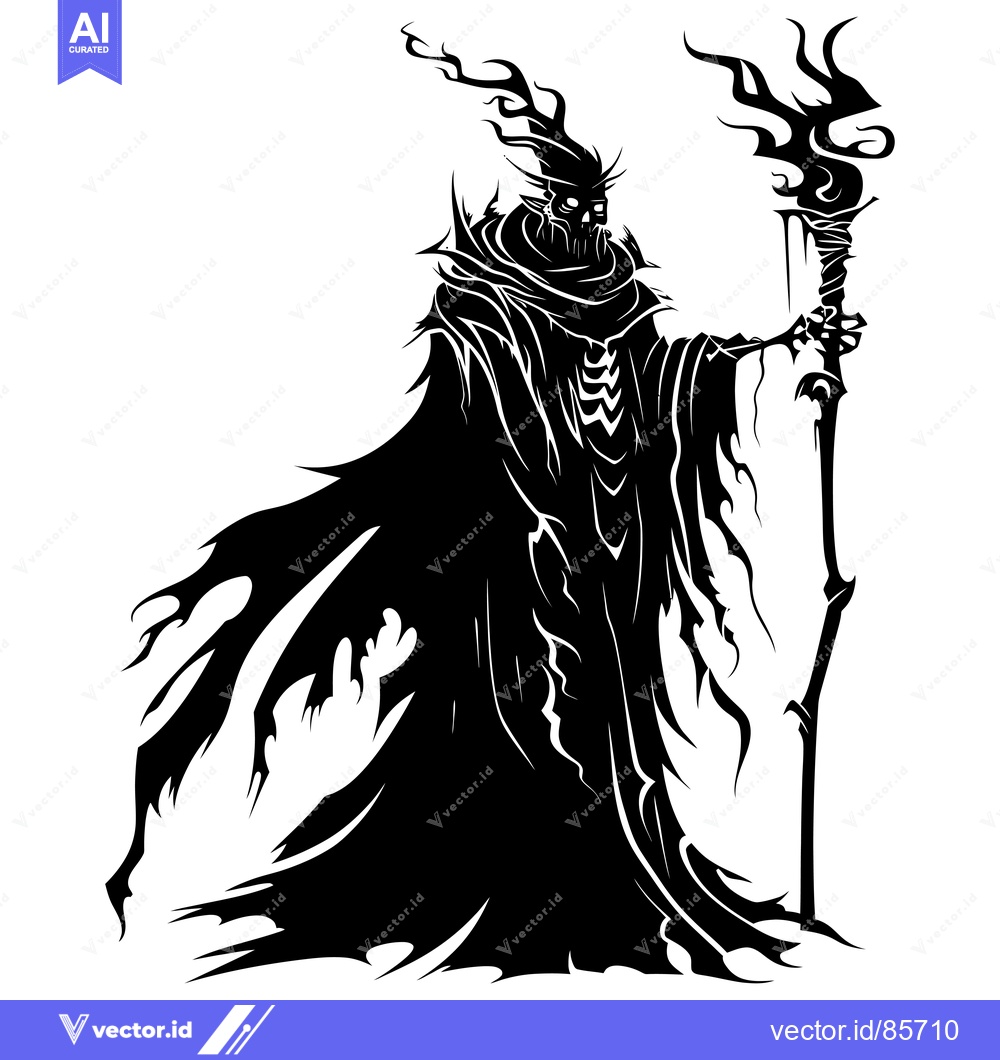Premium Vector dari Black and white silhouette of a skeletal, hooded figure holding a staf