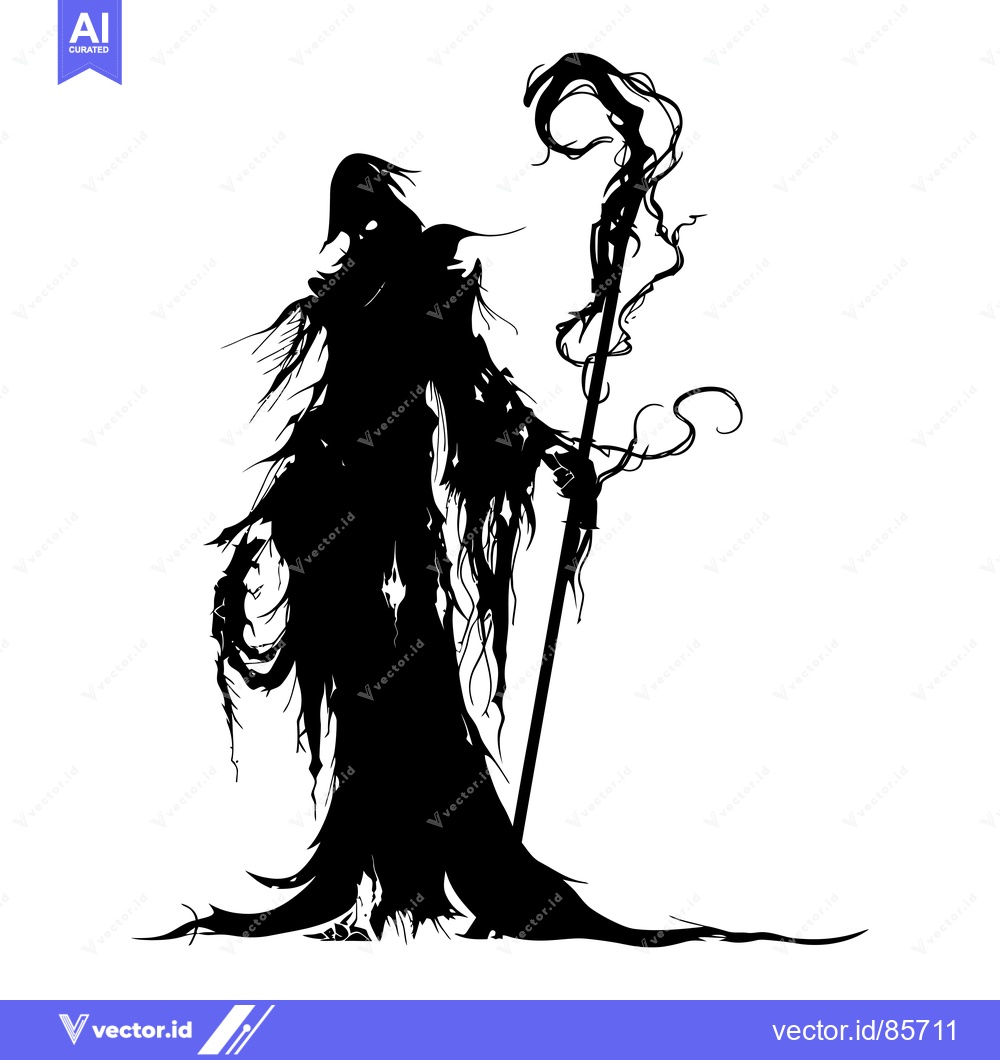 Premium Vector of Silhouette of a cloaked figure holding a staff with ornate swirls