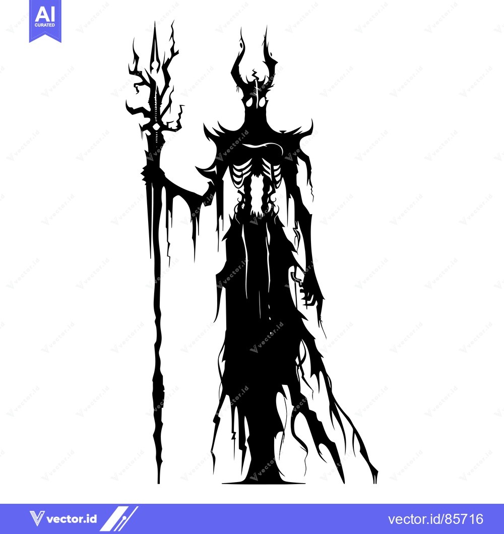 Premium Vector dari Silhouette of a Tall, Slender, Skeletal Figure Holding a Staff with a