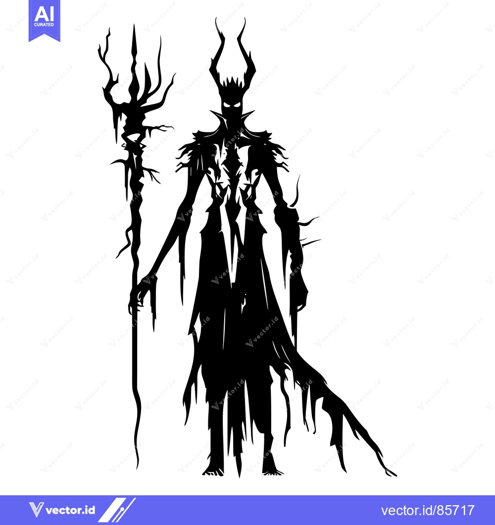 Premium Vector dari Silhouette of a Tall, Dark Figure with Horns and a Staff