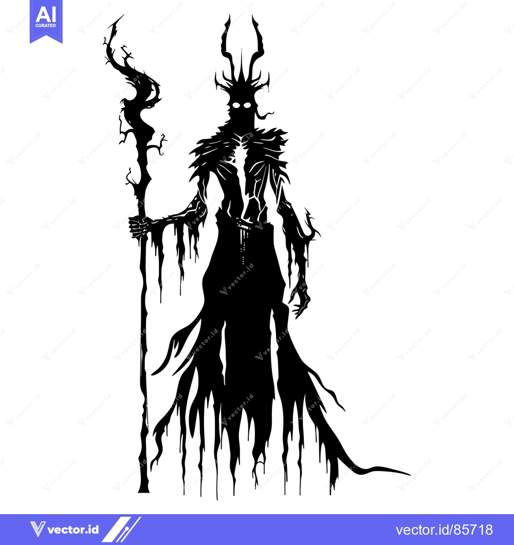 Premium Vector dari Silhouette of a Dark Figure with Antlers and Staff