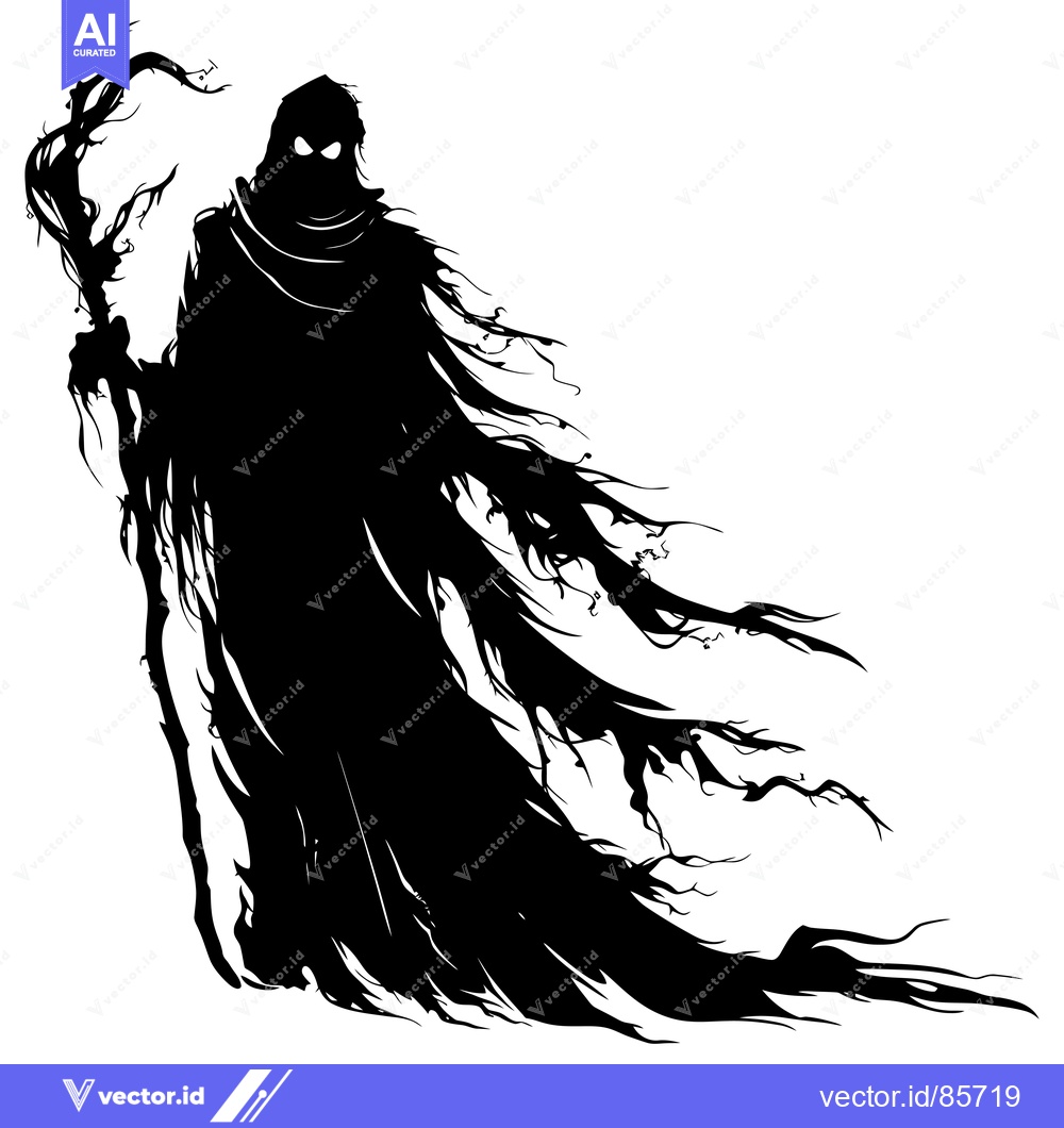 Premium Vector dari Silhouette of a hooded figure with a staff, resembling a dark spirit o