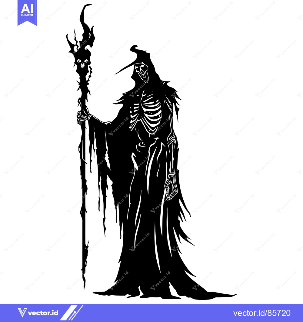 Premium Vector dari Skeletal Figure in a Long Robe Holding a Spiked Staff